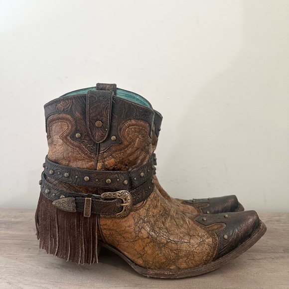 CORRAL Women’s 10 Brown Crackle Leather Fringe Buckle Cowboy Boots - Picture 1 of 10